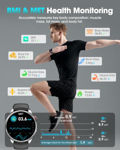 FOSMET Nuevo Reloj Inteligente Hombre con ECG/HRV/BMI, Android iOS Negro | 1.45" AMOLED, Micro Chequeo, 24H Frecuencia Cardíaca, Presión Arterial, SpO2, Sueño, 5 ATM, Llamadas, SOS, 120+ Deportivos