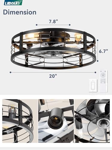 LEDIARY 20" Caged Ceiling Fan with Light and Remote, Low Profile Flush Mount Fandelier, Black Bladeless Enclosed Small Fan Lights Ceiling Fixtures, Rustic Farmhouse Style for Bedroom, Outdoor