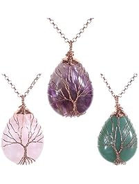 JOVIVI Vintage Tree of Life Wire Wrapped Copper Teardrop Natural Gemstones Pendant Necklace, with Gift Box