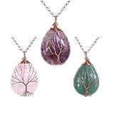 Jovivi Vintage Tree Life Wire Wrapped Copper Teardrop Natural Gemstones Pendant Necklace Gift Box
