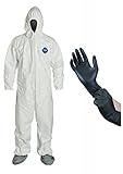 DuPont TY122S Disposable Elastic Wrist, Bootie & Hood White Tyvek Coverall Suit 1414 (Medium w/ Protective Gloves)