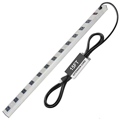 BESTTEN Wide-Spaced 12-Outlet Metal Power Strip Surge Protector with 15ft Long Extension Cord, 15A/125V/1875W, 600 Joules, On/Off Switch with Overload Protection, ETL Listed, Silver