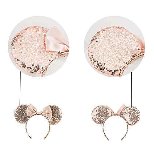 Cosplay Costume Mouse Ears Headband,Calar Sequin Mice Ears Headband Glitter Bow Headband for Boys and Girls Birthday Party Mom Baby Hairs Accessories Girl Headwear (Champagne)