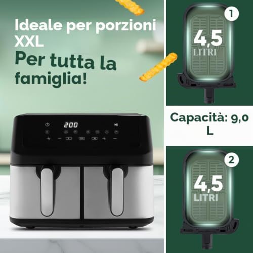 ProfiCook® Friggitrice ad aria calda 2 camere | Friggitrice ad aria | 9 litri | Frittura senza grassi | Friggitrice ad aria calda | Vasca antiaderente | PC FR 1296 H