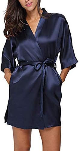 Woman Pajama Jaminy Women's Casual Solid 1/2 Sleeved V-Neck Bandage Pockets Sleepwear Mini Dress