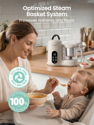 Grownsy Baby Food Maker with Stainless Steel Steam Basket – Baby Food Processor, Puree, Steamer & Blender for Homemade Baby Food, Ideal for Starting Solids, BLW & Babies 6+ Months – Creamy Taupe