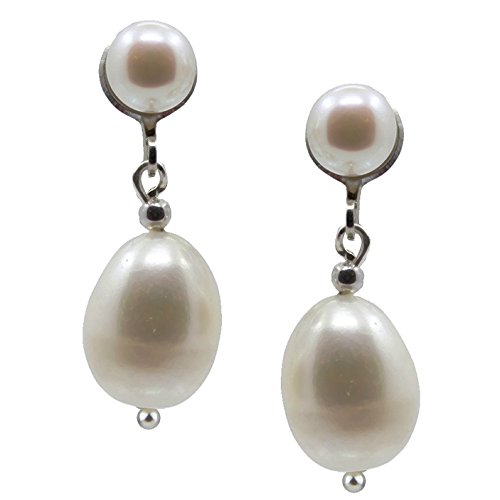 White Freshwater Cultured Pearl Clip On Earrings 5.0-10.0mm with rhodium plated base metal clip