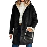 Epanus Sherpa Lined Jacket for Women Winter Button Down Long Sleeve Faux Fur Suede Coats Hooded Fuzzy Jackets with Pocket