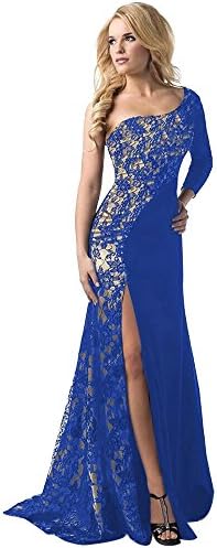Clearance!!! Women Dress Formal Wedding Sunday77 Women Dress Bridesmaid Long Ball Prom Gown Cocktail Dress Asymmetrical Floor-Length Empire Patchwork O-Neck Lace Evening Party Dress (XXL, Blue)