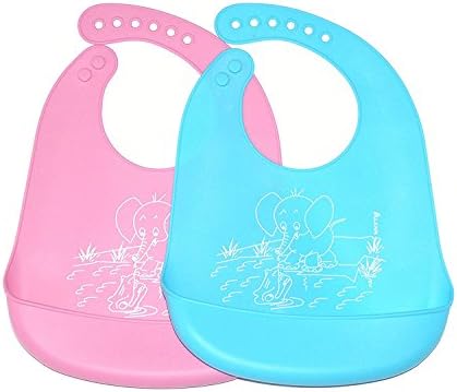 Hencu Set of 2 Waterproof Silicone Baby Roll Up Bibs with Pocket for Babies and Toddlers (2 Set, Pink and Blue)