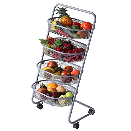 Buruis 4 Tier Utility Cart, Mesh Wire Rolling Cart Multifunction Storage Cart with Wheels for Bathroom/Kitchen/Living Room, Steel Wire Basket Shelving Trolley, Easy Assembly (Grey) - Thumbnail 7