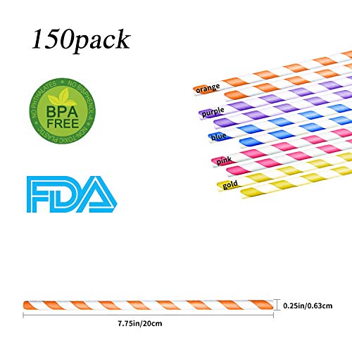 Gifbera Biodegradable Paper Straws Bulk 150-Count, Multi-Color Stripe Paper Drinking Straws for Party Supplies, Birthday, Wedding, Bridal/Baby Shower Decorations and Holiday Celebrations