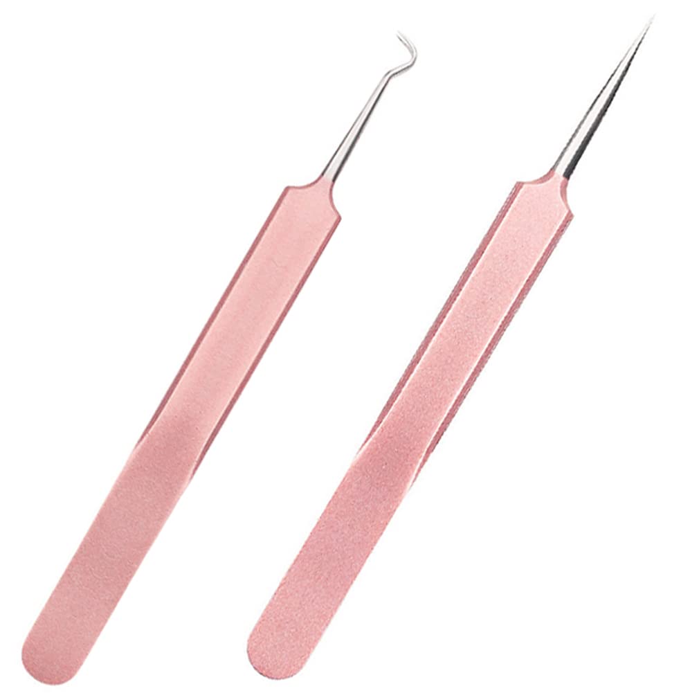 Bamboopack Professional Stainless Steel Precision Tweezers Set Splinter Pointed Ingrown Hair Blackhead Whiteheads Remover Comedones Extractor-2 Pointed, Pink (WTTK80884)