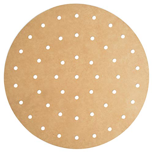 Besego 100pcs Unbleached Air Fryer Liners, 9inch Bamboo Steamer Liners, Premium Perforated Parchment Steaming Papers, Non-Stick Steamer Mat, Perfect 5.3 & 5.8 QT Air Fryers/Baking/Cooking