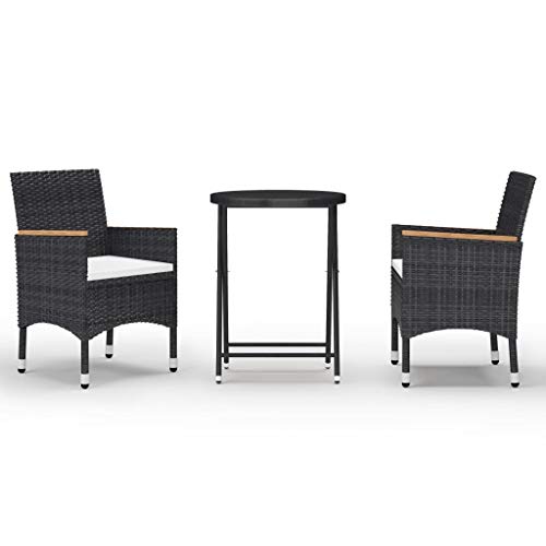 vidaXL Bistroset 3-TLG. Gartenmöbel Balkonset Balkonmöbel Sitzgruppe Gartenset Gartengarnitur Tisch Stühle Poly Rattan Hartglas Schwarz