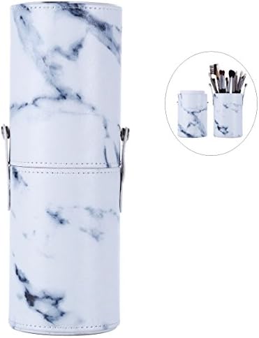 Makeup Brushes Holder Large Capacity Traveling Marble Make Up Brush Case Organizer Cosmetic Cup Cylinder Storage Box Bag Vegan Pu Leather Round(white)