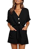 Womens V Neck Button Rompers Knot Tie Short Sleeve