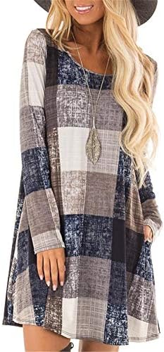 Women's Casual Long Sleeve Plaid Dresses Loose Swing Tunic Dress with Pockets