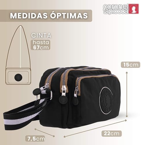 Coronel Tapioca - Bolso bandolera mujer - Bolso mujer - Bolsos bandolera - Bolsos bandolera casual gran capacidad con 3 cremalleras, Negro