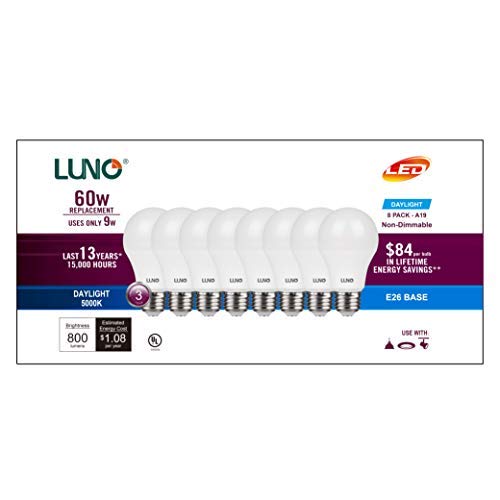 LUNO A19 Non-Dimmable LED Bulb, 9.0W (60W Equivalent), 8000 Lumens, 5000K (Daylight), Medium Base (E26), UL Certified (8-Pack)