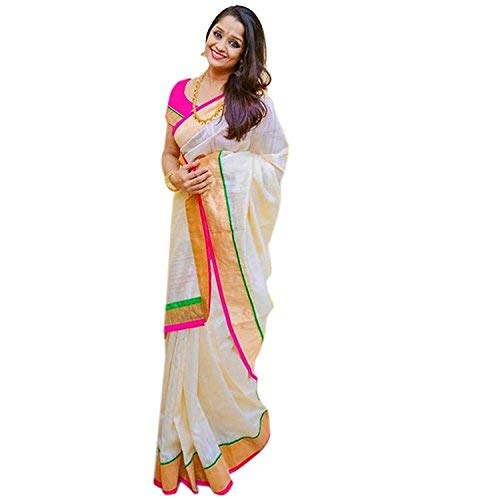 pramukh suppliers women's chanderi cotton saree with blouse piece (zari pink saree_off white)