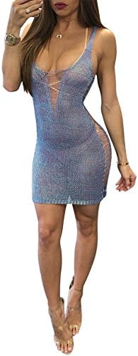 Palster Women Sexy Halter Deep O Neck Bodycon See Through Nightclub Dress, Light Blue, X-Large