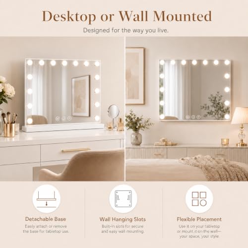 Hcosmy Vanity Mirror with Lights Lighted Makeup Mirror with 15 Dimmable LED Bulbs,3 Color Lighting Modes,USB Charging Port Touch Control,Sturdy Metal Frame Design 24x18 Inch
