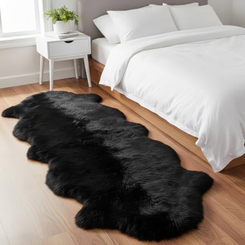 Authentischer schwarzer Schaffell-Teppich, 0,6 x 1,8 m, echtes Doppelfell, flauschiger Fell-Teppich für Schlafzimmer, Wohnzimmer und Heimdekoration, w