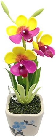 Miniature Tree Yellow Pink Orchid Flower - Dollhouse Accessories Furniture Decoration, Real look Tiny Ornamental, Novelty Exotic Collectible Figurine Mini Toy with Floral Painted Pottery Idea Cute Gif