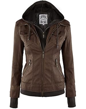 Womens Faux Leather Motorcycle Jacket with Hoodie