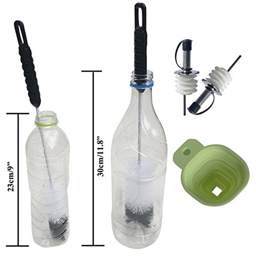Coralpearl Bottle Homebrew Kit: Cleaning Brush Set Long Handle Thin Cleaner Tools,2 Kitchen Funnels,6 Silicone Stainless Steel Stoppers with Straw Dispenser Pourer Spout,Dust Cap for Wine,Liquor,Oil