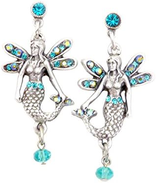 Mermaid Fairy Earrings, Blue Swarovski Crystal and Pewter, Dangle Posts