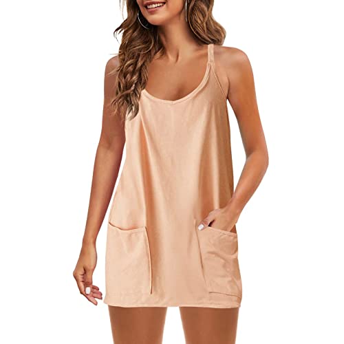 Sun Dress with Shorts for Women Spaghetti Strap Low Cut Mini Dress Casual Summer 2 Piece Outfits Sexy Dress with Pockets Summer Dresses for Women 2023 Plus Size enterizos de Mujer Sexy