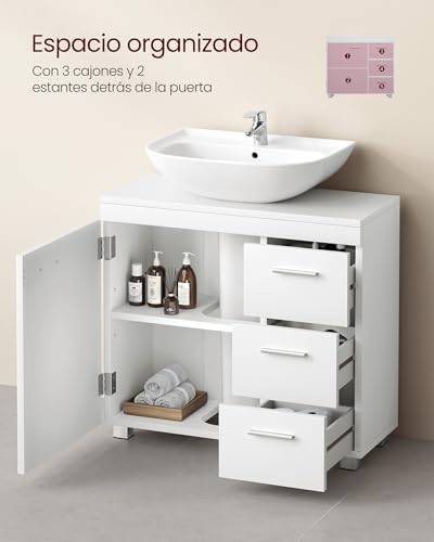 Mueble Bajo Lavabo, Armario de Baño, 3 Cajones, 2 Compartimentos Detrás de la Puerta, Apto para Lavabos con Pedestal, con Pies, 30 x 70 x 64 cm, Blanco Nube BBK504W01