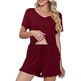 MOYEE Women's Pajama Set - Short Sleeve Top & Drawstring Shorts With Pockets, Cute & Comfy Sleepwear