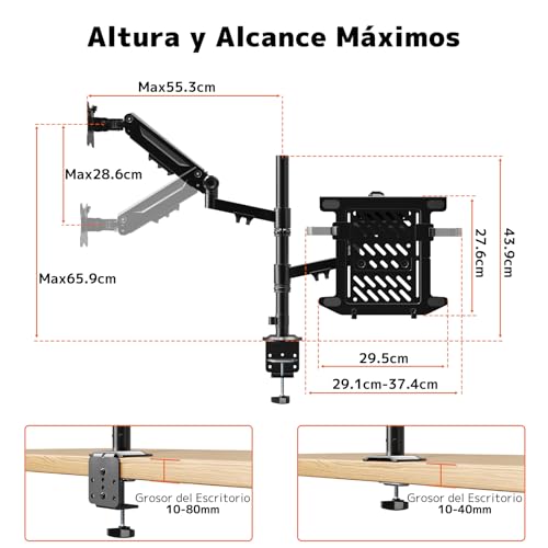 PUTORSEN Soporte para Monitor con Brazo para Laptop para Pantallas de 17 a 35 Pulgadas y Notebooks hasta 18 Pulgadas, Totalmente Ajustable con Resorte de Gas, Carga Máxima de 20 kg, VESA 75/100mm