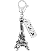 Eiffel Tower Clip-On Charm with Name Tag – Silver Tone Eiffel Tower Pendant Accessory with Durable Lobster Clasp for Bracelets, Backpacks, Jackets, Bags, Compatible with Travel Souvenirs