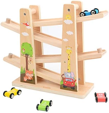Arkmiido Toddler Wooden Car Track Toys with 4 Mini Car Racers