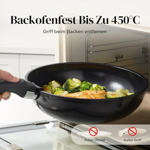 Redchef Pan Set, 16 Pieces with Removable Handles, Non-Stick Ceramic Cookware Set, Pan 20 + 26 cm, Deep Frying Pan 26 cm, Pot 18 + 20 cm, Stackable Pot Set for All Hobs, Oven Safe
