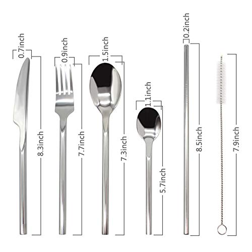 BLUE JAR HOME Cutlery Set, 19-Piece Stainless Steel Flatware Set Service for 4, Tableware Silverware with Spoon, Knife, Fork, Straws and Cleaning Brush, Mirror Polished and Dishwasher Safe