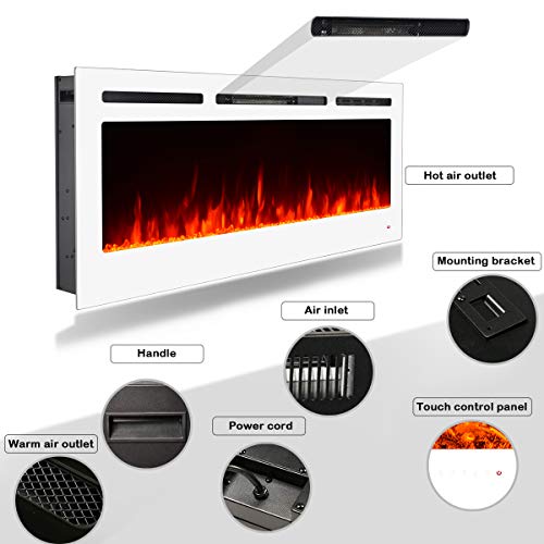 YODOLLA 50" White Electric Fireplace Insert,Touch Screen Control Panel & Remote Control, 750-1500W Heater with Timer & 3 Flames