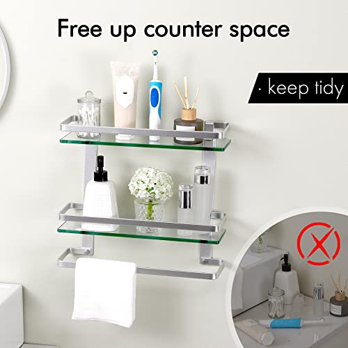 KES Bathroom Tempered Glass Shelf 2 Tier Storage Glass Shelf Rectangular with Bar Wall Mounted
