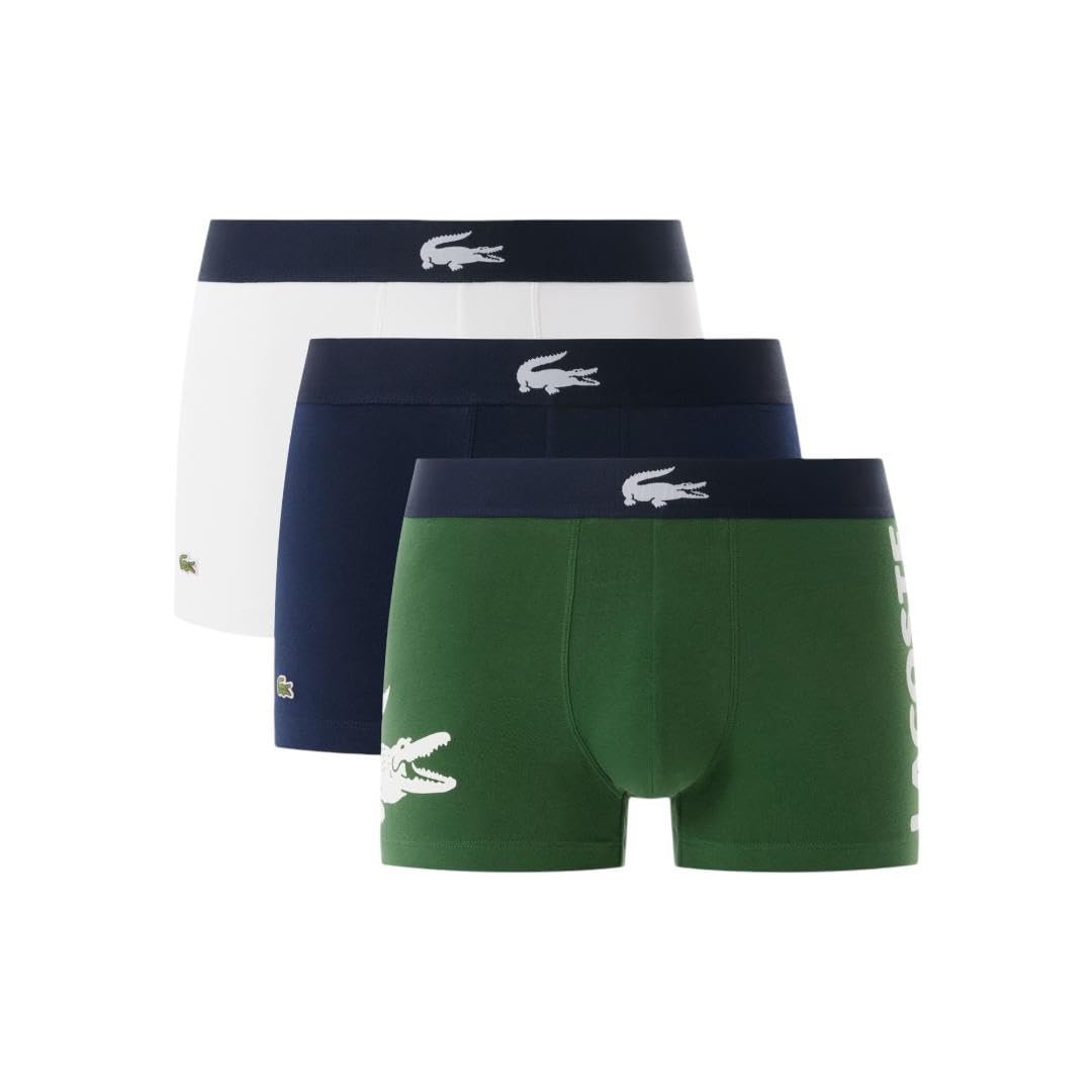 Lacoste Men's Cotton Stretch Big Croc Print Trunks, 3-pack, Thyme/Navy Blue-White, X-Small Image