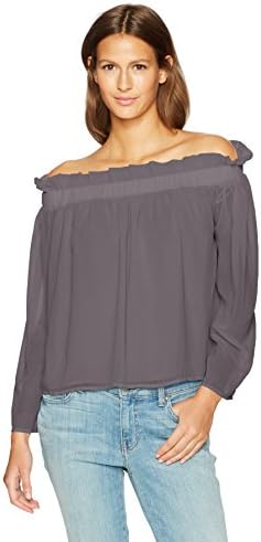 Lucca Couture Women's Long Sleeve Cold Shoulder Ruffle Top, Grey, Medium