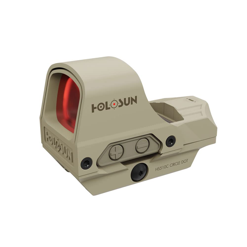 HOLOSUN 510C Series Multi-Reticle 2 MOA Dot & 65 MOA Circle Open Reflex Sight - Solar FailSafe Shake-Awake, 12 Settings - Red/Green Dot (Black/FDE) (FDE, Red)