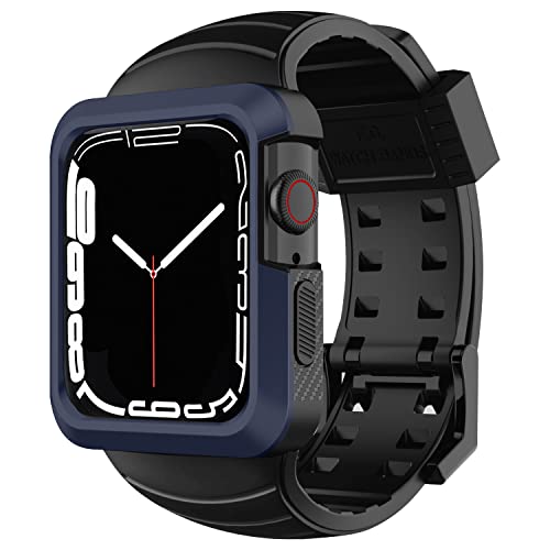 Fullmosa Compatible Apple Watch Straps Series 8 7 45mm SE SE2 Series 6 44mm and Bumper Case Rugged iWatch Silicone Sport Replacement Bands Black and Blue