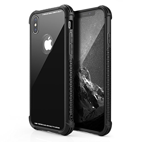 Besiva Phone Case Compatible iPhone X, iPhone Xs, Tempered Glass Back Cover and Soft Silicone Rubber Bumper Frame Shock Absorption Anti-Scratch Support Wireless Charging Compatible iPhone X/XS