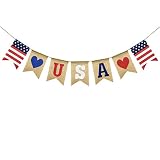 Uniwish USA Banner Burlap Bunting 4th of July Decorations American Independence Day Celebration Red White and Blue Theme Party Supplies
