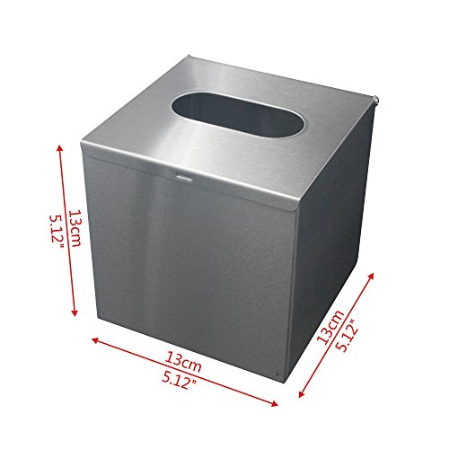 JunSun Square Paper Facial Tissue Box Holder Cover -Wall Mounted or Freestanding Use for Bathroom Vanity Countertops, Bedroom Dressers, Night Stands, Desks and Tables - Stainless Steel, Brushed Nickel