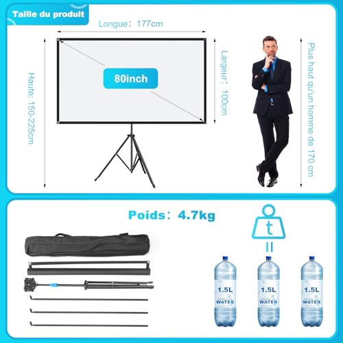 VISULAPEX 80 Inch Projector Screen with Tripod, 4K HD 16:9 Projection Screen, Lightweight Easy to Install Eran Projector, Ideal for Cinema Office and Presentations